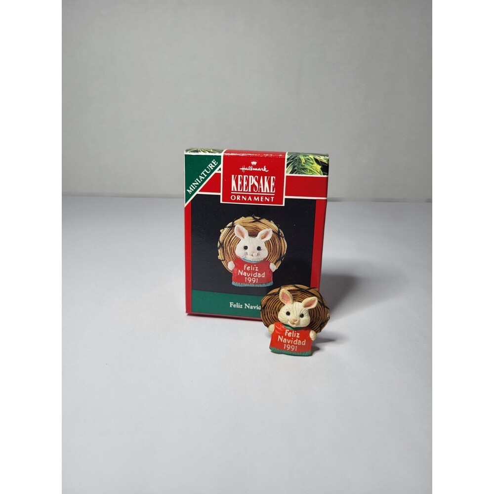 Hallmark Keepsake Miniature Ornament 1991 FELIZ NAVIDAD Bunny Straw Sombrero